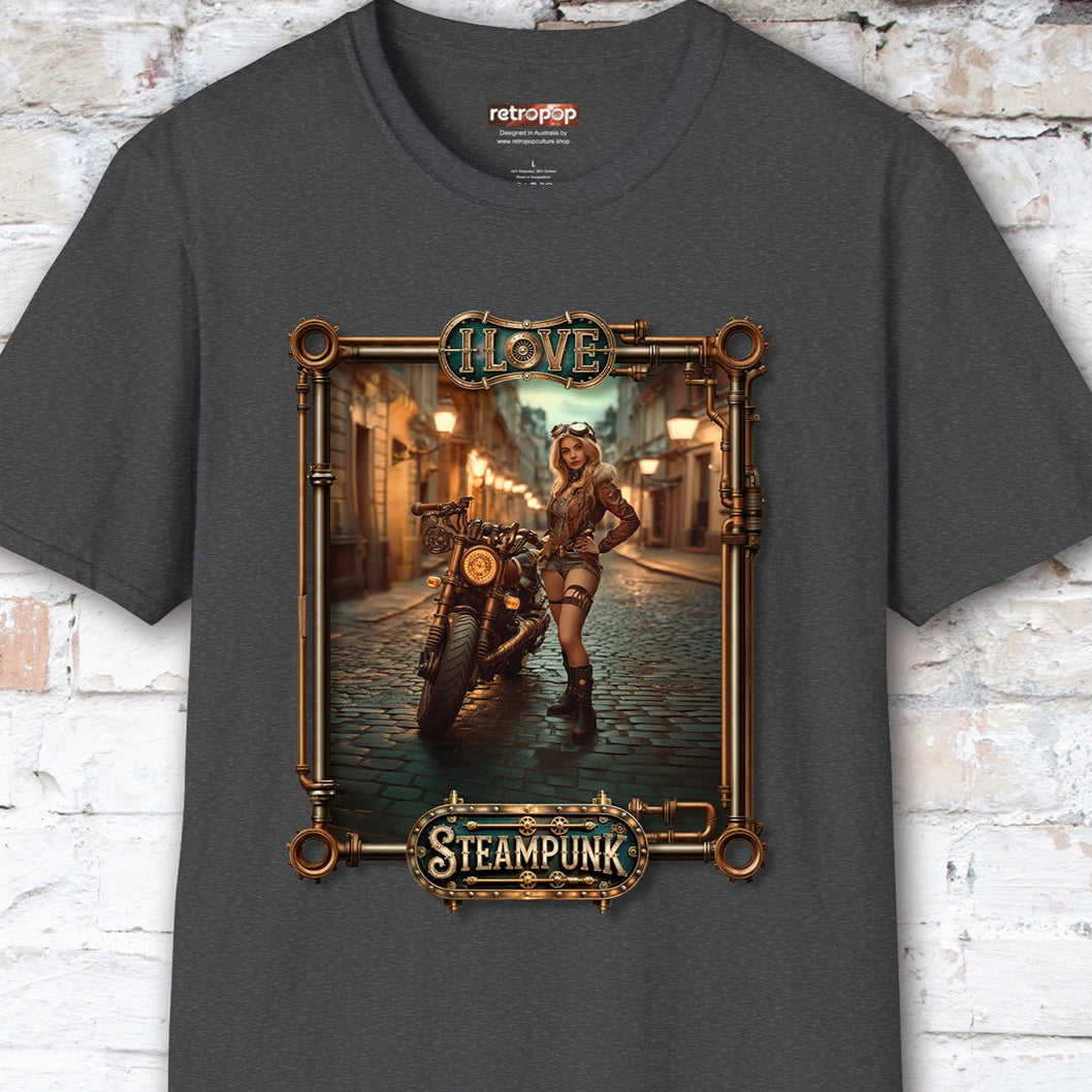 I love Steampunk Woman with Motorcycle #6 Unisex T shirt